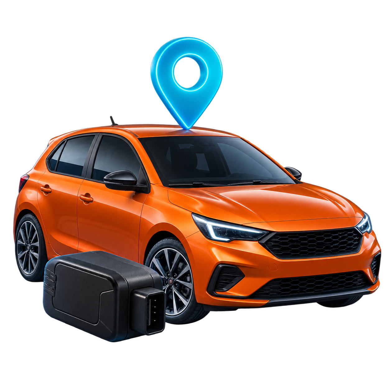 Ilustração de um veículo com rastreador GPS e marcador de localização